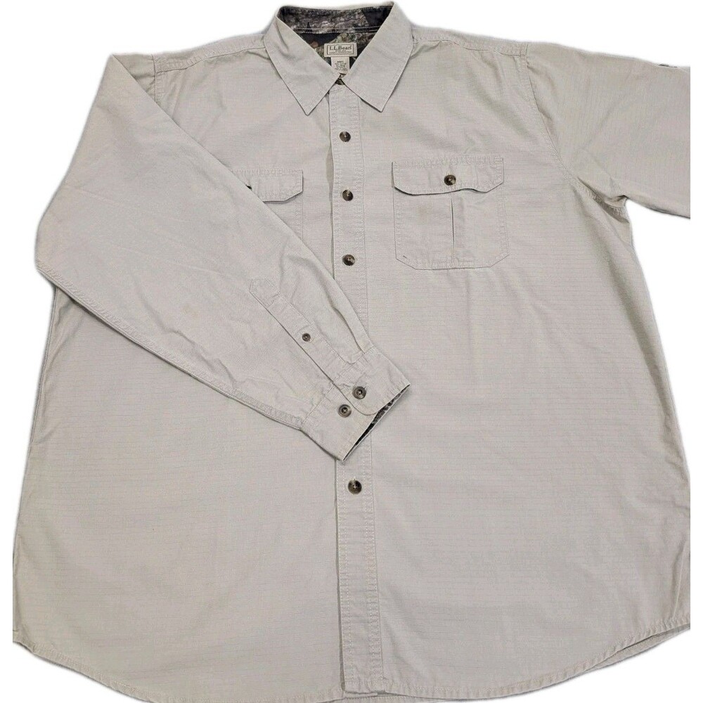 LL Bean Ripstop Hunting Shirt Mens XL Khaki Beige Camo Trim Roll Tab 0FGX7
